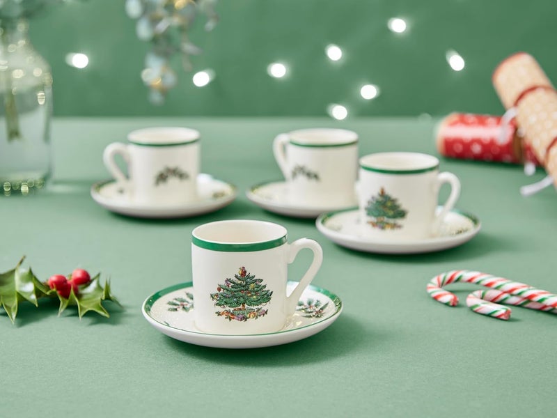 Spode Christmas Tree Espresso Cup Saucer Set Set of 4 Festive 3 Ounce Coffee Mugs with Saucers Fine Earthenware for Espresso Holiday Gift Christmas Dcor Dishwasher Microwave Safe - Image 3