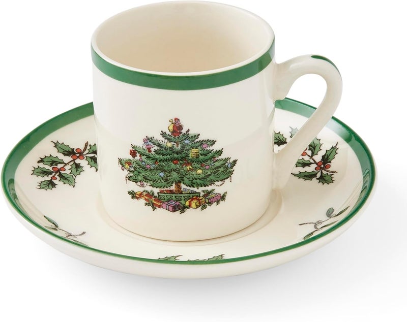 Spode Christmas Tree Espresso Cup Saucer Set Set of 4 Festive 3 Ounce Coffee Mugs with Saucers Fine Earthenware for Espresso Holiday Gift Christmas Dcor Dishwasher Microwave Safe - Image 4