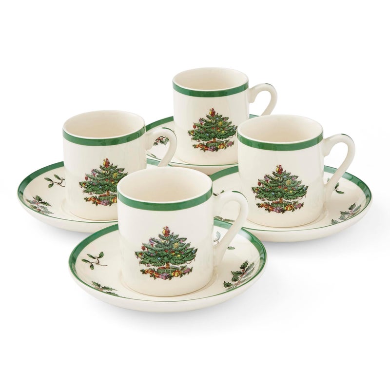 Spode Christmas Tree Espresso Cup Saucer Set Set of 4 Festive 3 Ounce Coffee Mugs with Saucers Fine Earthenware for Espresso Holiday Gift Christmas Dcor Dishwasher Microwave Safe - Image 1
