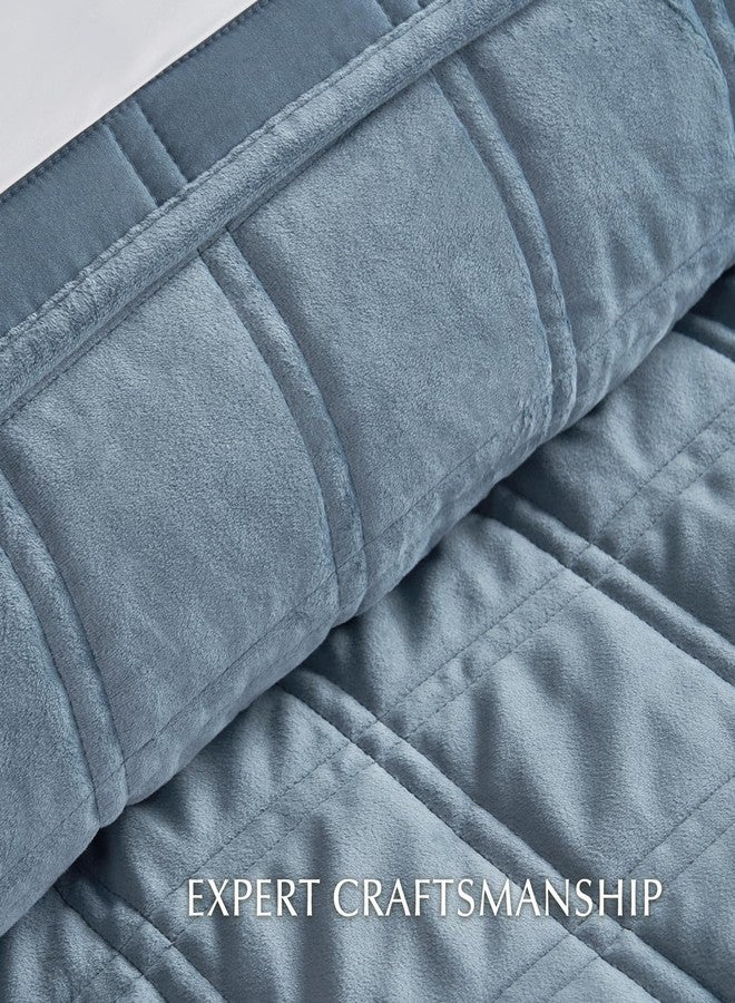 EVERGRACEHOME EVERGRACE 3 Pieces Luxurious Velvet Quilt King Size, Ultra Soft Bedspread Coverlet Set, Double Box Stitch Lightweight Velvet Comforter for All Season with 2 Shams, Blue Linen, 108"x96" - Image 5