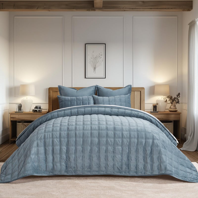 EVERGRACEHOME EVERGRACE 3 Pieces Luxurious Velvet Quilt King Size, Ultra Soft Bedspread Coverlet Set, Double Box Stitch Lightweight Velvet Comforter for All Season with 2 Shams, Blue Linen, 108"x96" - Image 1