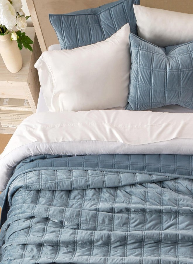 EVERGRACEHOME EVERGRACE 3 Pieces Luxurious Velvet Quilt King Size, Ultra Soft Bedspread Coverlet Set, Double Box Stitch Lightweight Velvet Comforter for All Season with 2 Shams, Blue Linen, 108"x96" - Image 2