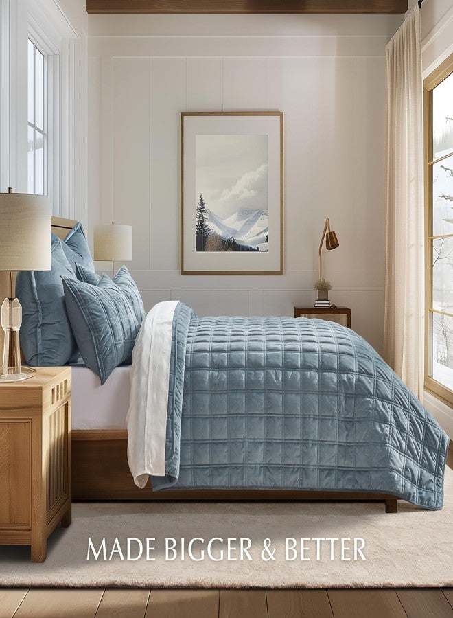 EVERGRACEHOME EVERGRACE 3 Pieces Luxurious Velvet Quilt King Size, Ultra Soft Bedspread Coverlet Set, Double Box Stitch Lightweight Velvet Comforter for All Season with 2 Shams, Blue Linen, 108"x96" - Image 3