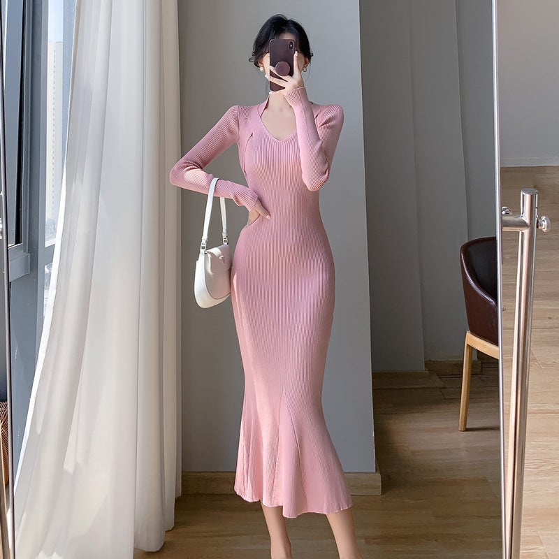 High-Quality Autumn Winter Slimming Sweater Dress Pink - Image 4