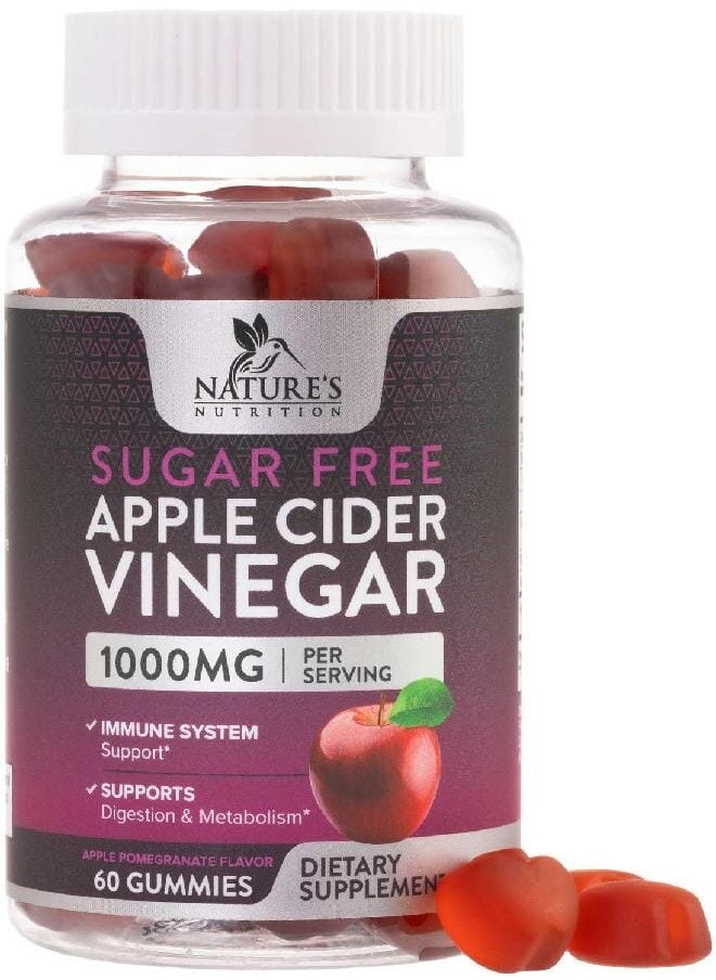Nature's Nutrition - Nature's Nutrition Apple Vinegar Gummy for Weight Loss 1000mg - Vegan Apple Cider Vinegar Gummies for Detox & Cleanse, ACV Supplement Pills, Vitamin B12, Sugar Free ACV Gummy, Non-GMO - 60 Gummies - Image 1