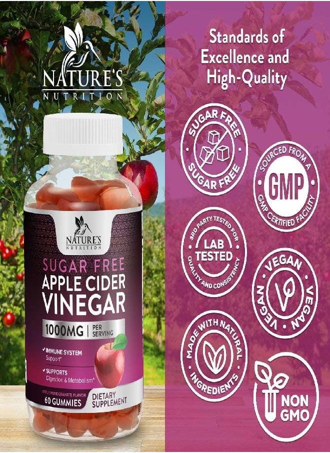 Nature's Nutrition - Nature's Nutrition Apple Vinegar Gummy for Weight Loss 1000mg - Vegan Apple Cider Vinegar Gummies for Detox & Cleanse, ACV Supplement Pills, Vitamin B12, Sugar Free ACV Gummy, Non-GMO - 60 Gummies - Image 1