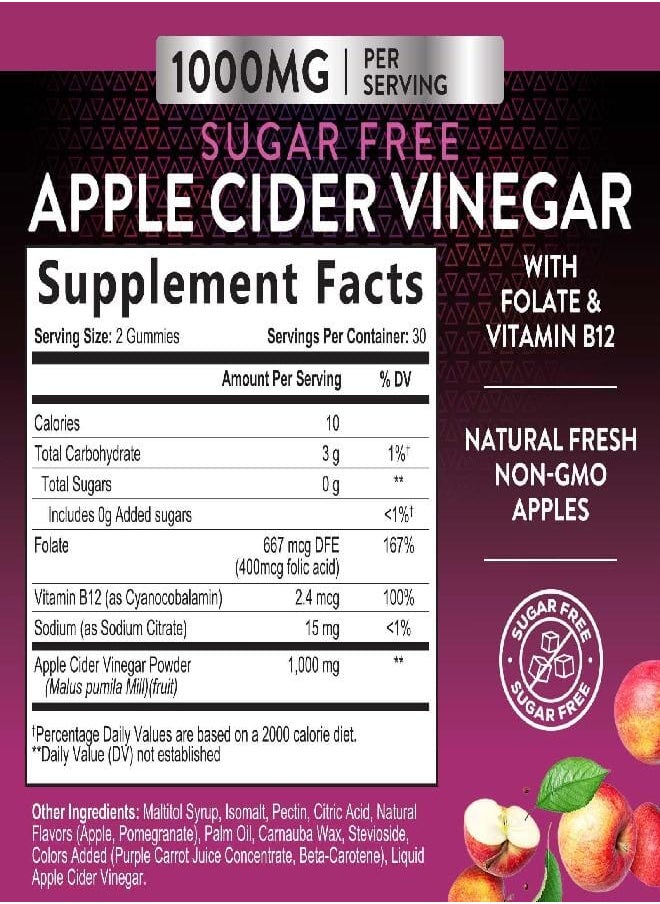 Nature's Nutrition - Nature's Nutrition Apple Vinegar Gummy for Weight Loss 1000mg - Vegan Apple Cider Vinegar Gummies for Detox & Cleanse, ACV Supplement Pills, Vitamin B12, Sugar Free ACV Gummy, Non-GMO - 60 Gummies - Image 1