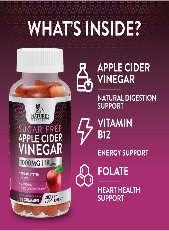 Nature's Nutrition - Nature's Nutrition Apple Vinegar Gummy for Weight Loss 1000mg - Vegan Apple Cider Vinegar Gummies for Detox & Cleanse, ACV Supplement Pills, Vitamin B12, Sugar Free ACV Gummy, Non-GMO - 60 Gummies - Image 1