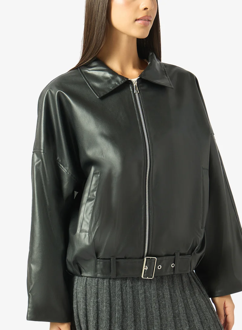 Ginger  Oversize Zip Up PU Bomber Jacket for Women | Best Price UAE