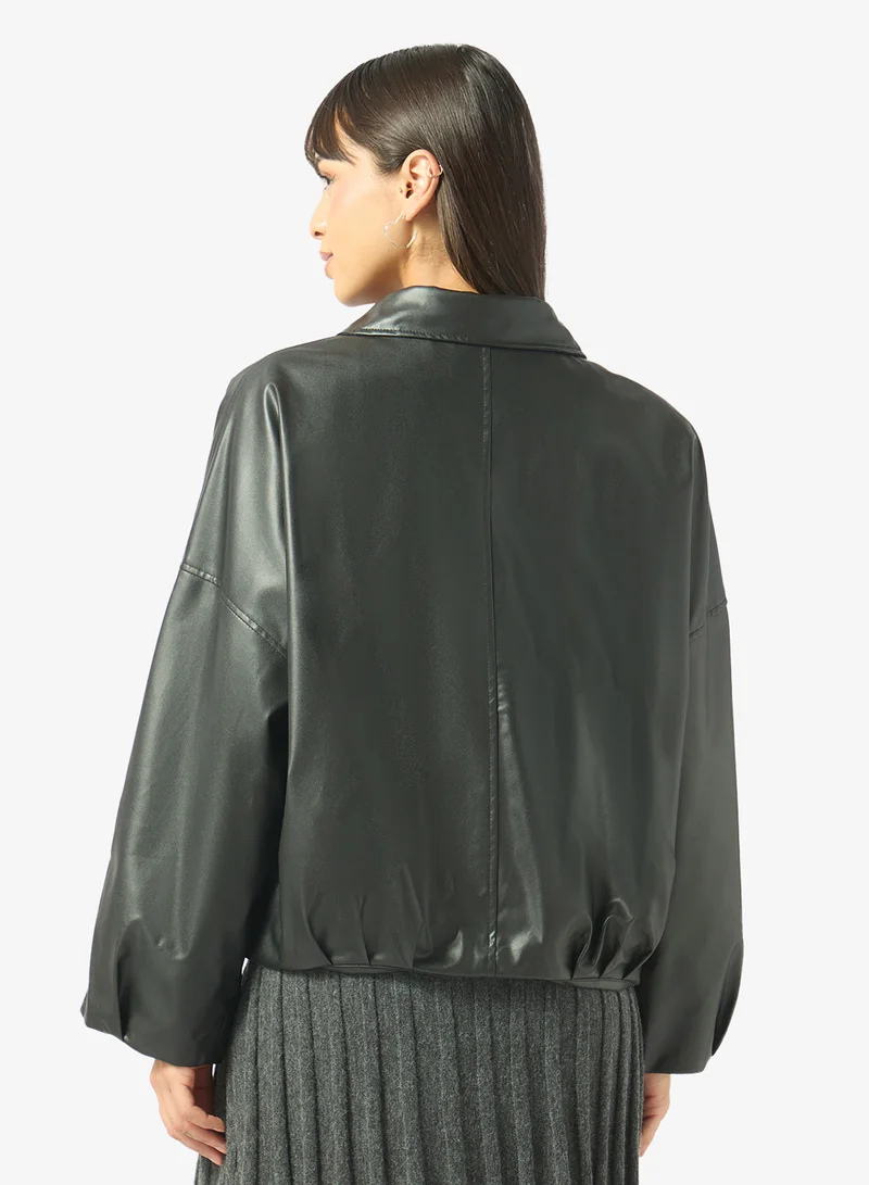 Ginger  Oversize Zip Up PU Bomber Jacket for Women | Best Price UAE