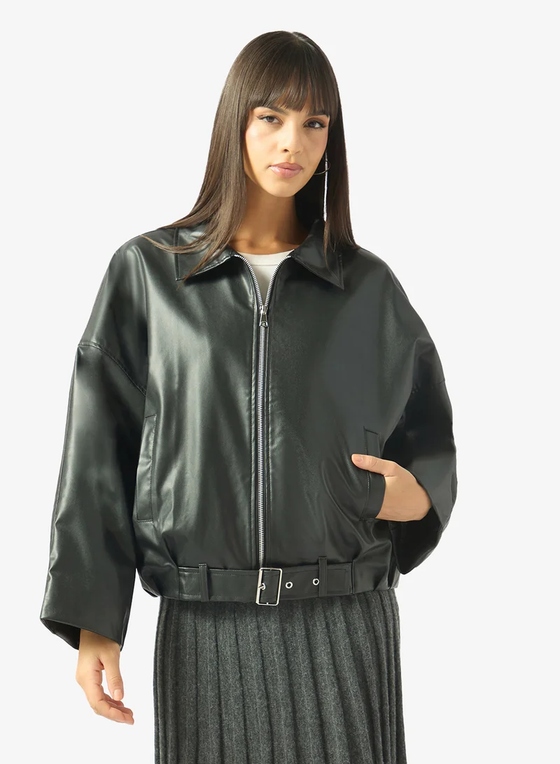 Oversize Zip Up PU Bomber Jacket