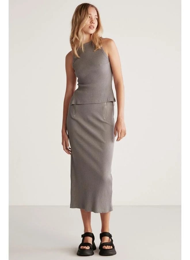 Ethiquet LAUREN Women's Slim Fit Zipper Detailed Midi Grey Skirt.