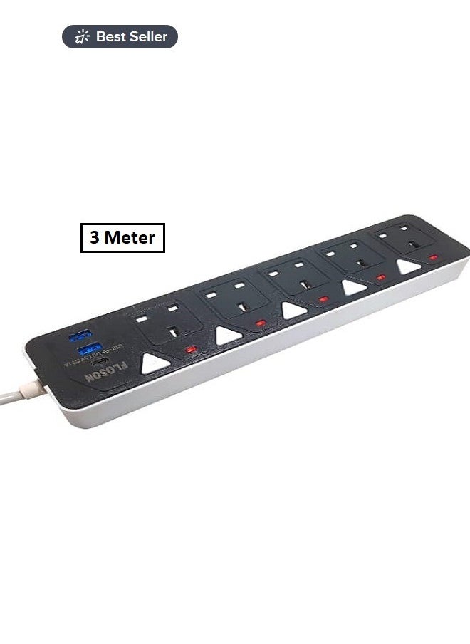 Generic - Floson 5-Socket Power Strip with 2 USB & 1 Type-C Port | 3-Meter Extension Cord | Surge Protector | Fast Charging | Multi-Device Compatibility | Home & Office Essential - Image 1