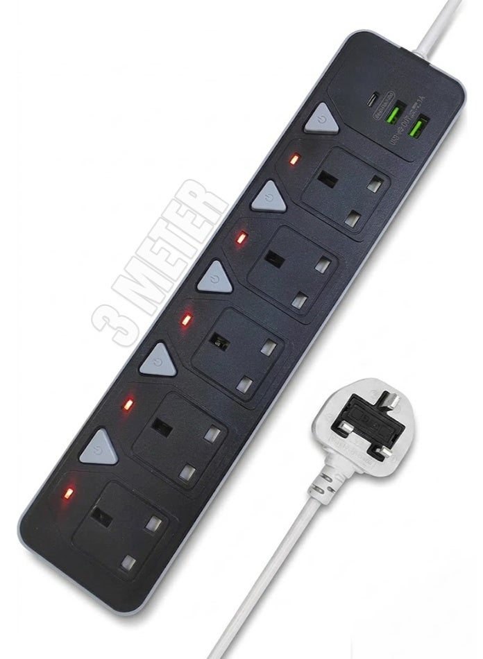 شريط طاقة بخمسة مقابس مع منفذين USB ومنفذ واحد من النوع C | سلك تمديد بطول 3 أمتار | واقي من التيار الزائد | شحن سريع | متوافق مع أجهزة متعددة | ضروري للمنزل والمكتب - Image 1
