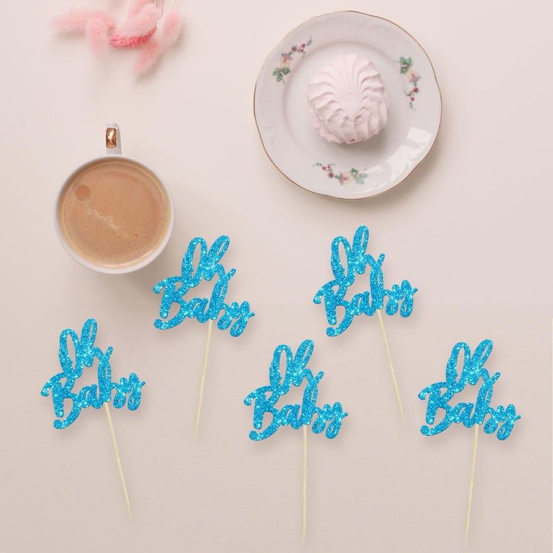 Ephlyn 24Pcs Oh Baby Cupcake Toppers Glitter Baby Shower Cupcake Picks Gender Reveal Theme Cake Decorations for Baby Shower Kids Boys Girls Birthday Party Supplies Blue - Image 3