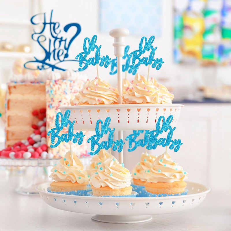Ephlyn 24Pcs Oh Baby Cupcake Toppers Glitter Baby Shower Cupcake Picks Gender Reveal Theme Cake Decorations for Baby Shower Kids Boys Girls Birthday Party Supplies Blue - Image 5