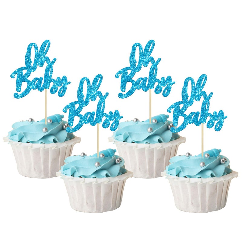 Ephlyn 24Pcs Oh Baby Cupcake Toppers Glitter Baby Shower Cupcake Picks Gender Reveal Theme Cake Decorations for Baby Shower Kids Boys Girls Birthday Party Supplies Blue - Image 1