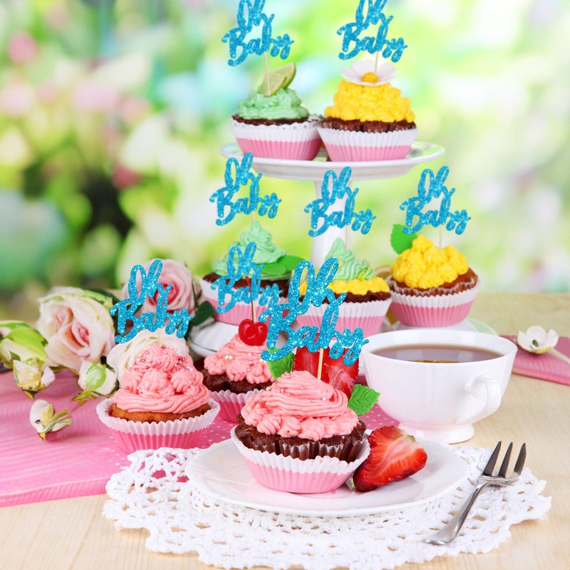 Ephlyn 24Pcs Oh Baby Cupcake Toppers Glitter Baby Shower Cupcake Picks Gender Reveal Theme Cake Decorations for Baby Shower Kids Boys Girls Birthday Party Supplies Blue - Image 4