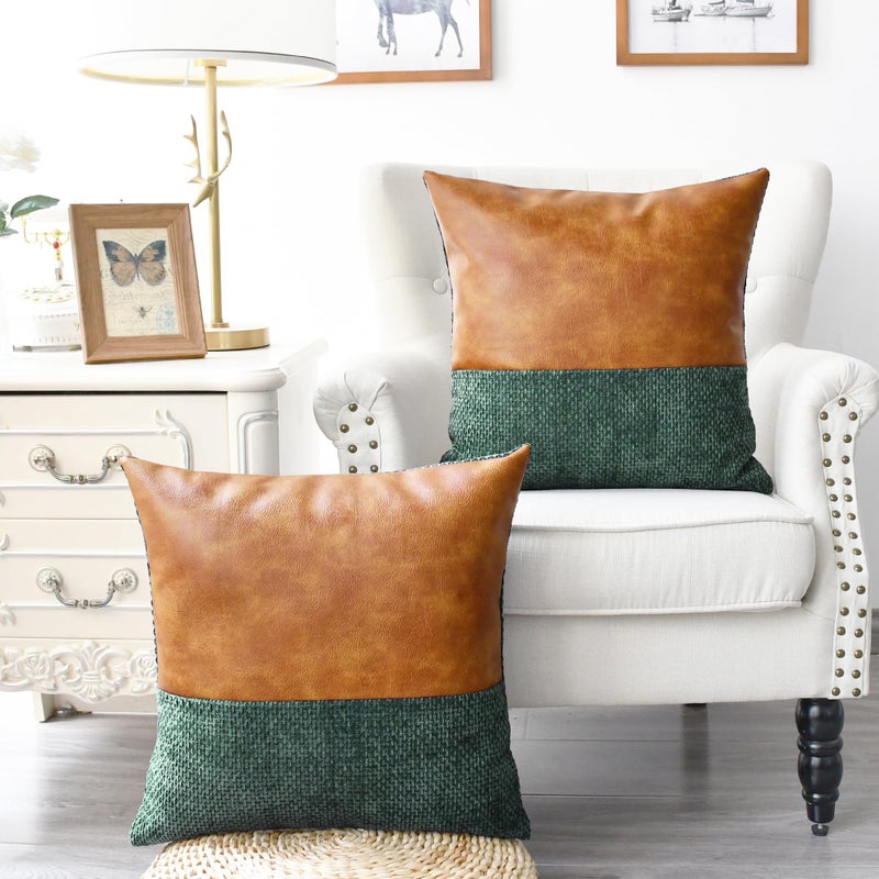 CaliTime Throw Pillow Covers Pack of 2 Soft Faux Leather Solid Dyed Cross Chenille Cushion Cases for Couch Sofa Home Decoration 18 X 18 Inches Dark Green - Image 2