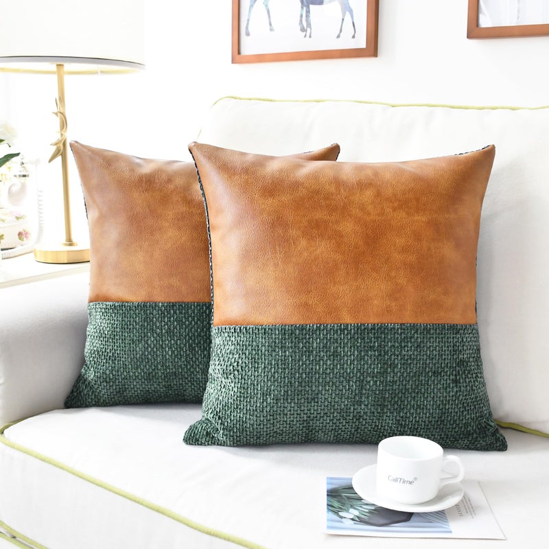 CaliTime Throw Pillow Covers Pack of 2 Soft Faux Leather Solid Dyed Cross Chenille Cushion Cases for Couch Sofa Home Decoration 18 X 18 Inches Dark Green - Image 5