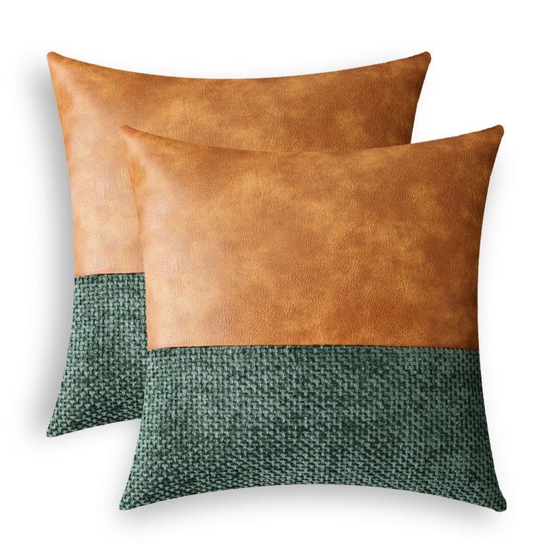 CaliTime Throw Pillow Covers Pack of 2 Soft Faux Leather Solid Dyed Cross Chenille Cushion Cases for Couch Sofa Home Decoration 18 X 18 Inches Dark Green - Image 1