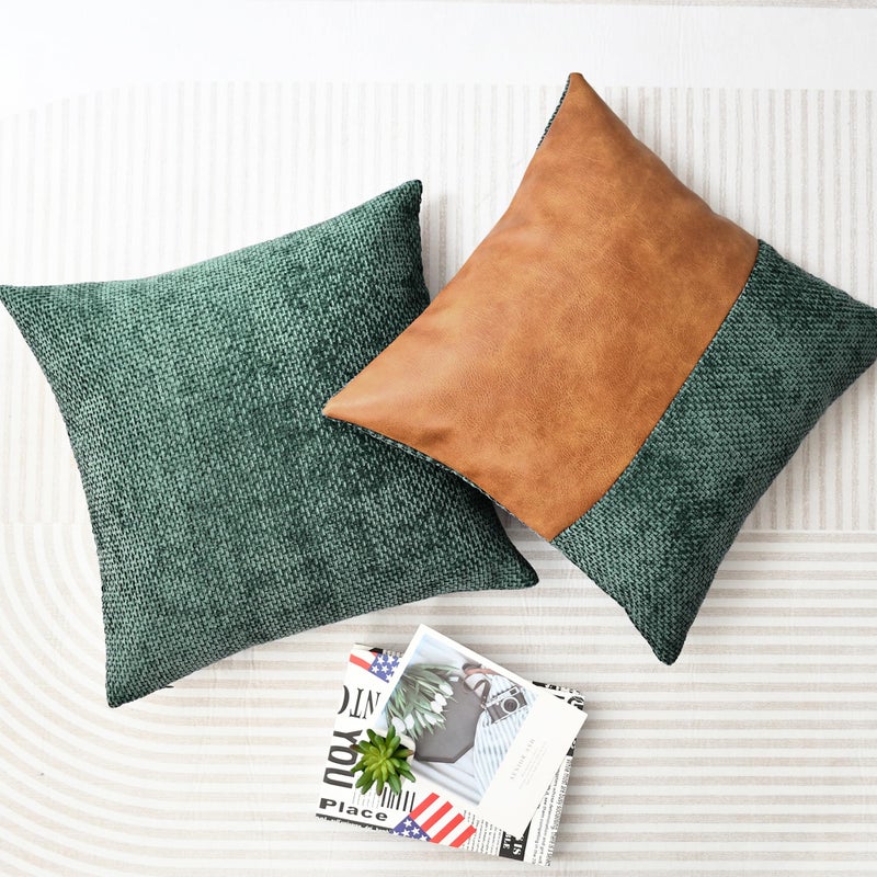 CaliTime Throw Pillow Covers Pack of 2 Soft Faux Leather Solid Dyed Cross Chenille Cushion Cases for Couch Sofa Home Decoration 18 X 18 Inches Dark Green - Image 4