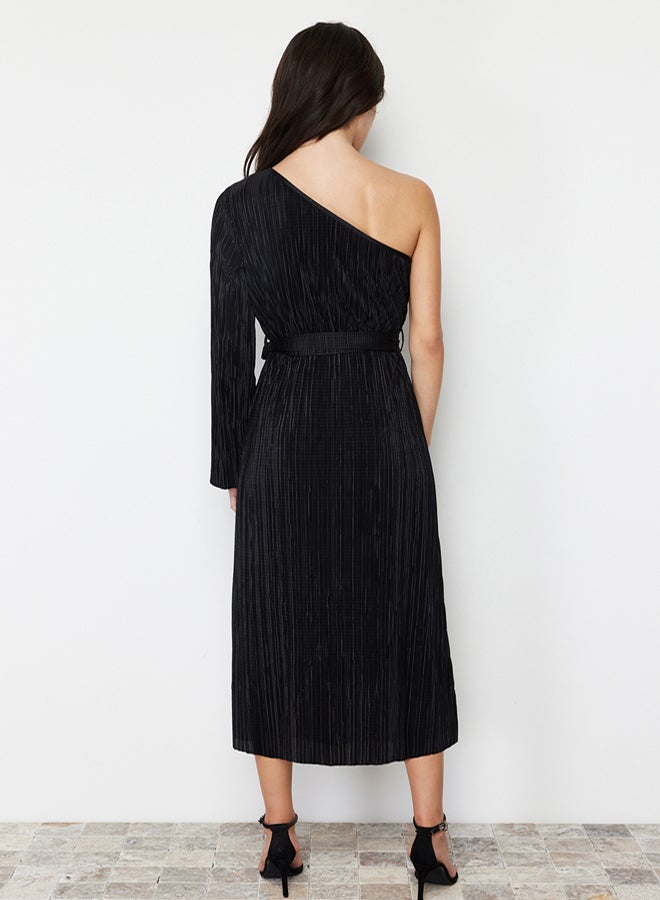 trendyol Black Belted Midi Single Sleeve Stretchy Knitted Midi Pencil Dress - Image 5