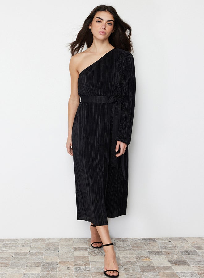trendyol Black Belted Midi Single Sleeve Stretchy Knitted Midi Pencil Dress - Image 3