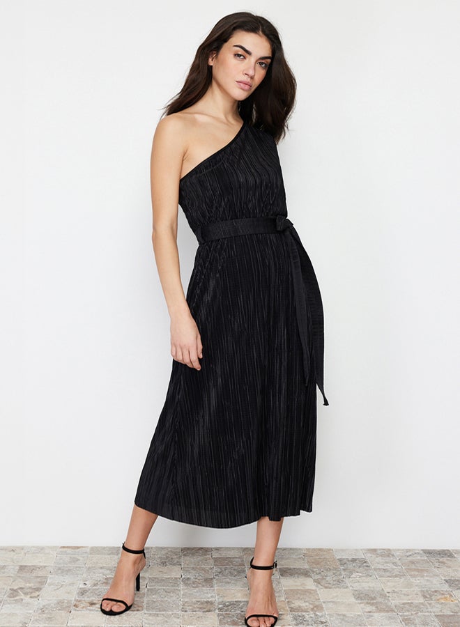 trendyol Black Belted Midi Single Sleeve Stretchy Knitted Midi Pencil Dress - Image 2