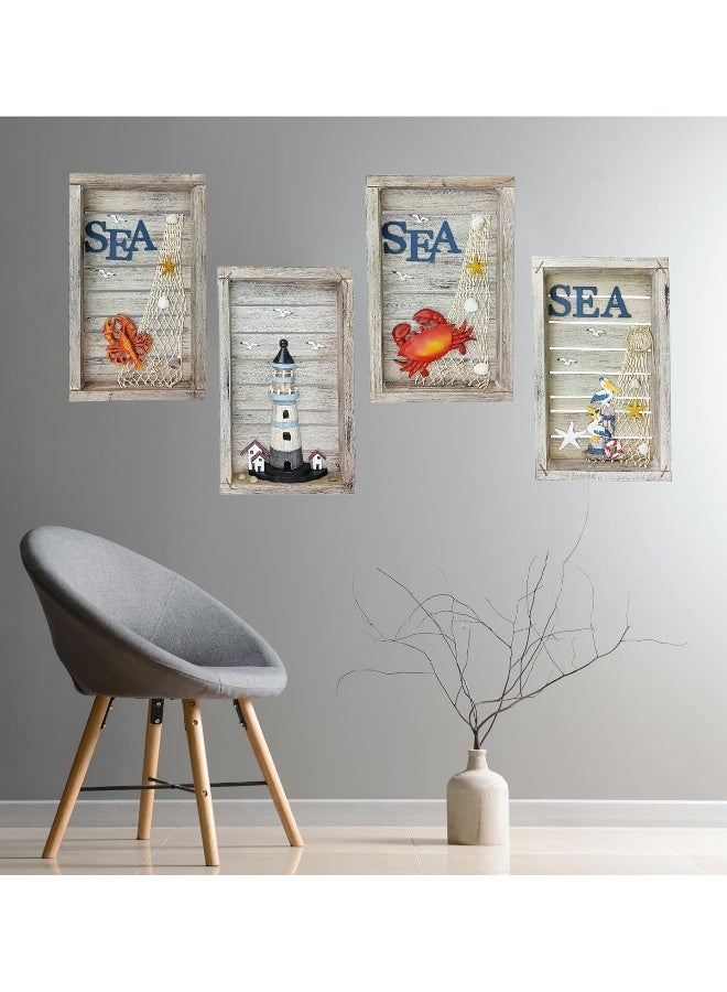 YINZUO YINZUO Wooden Wall Art Frames Nautical SEA Theme Coastal Decor with Crab, Lobster, Lighthouse, and Pelican Designs Vintage Beach Style Hanging Decorations - Image 2