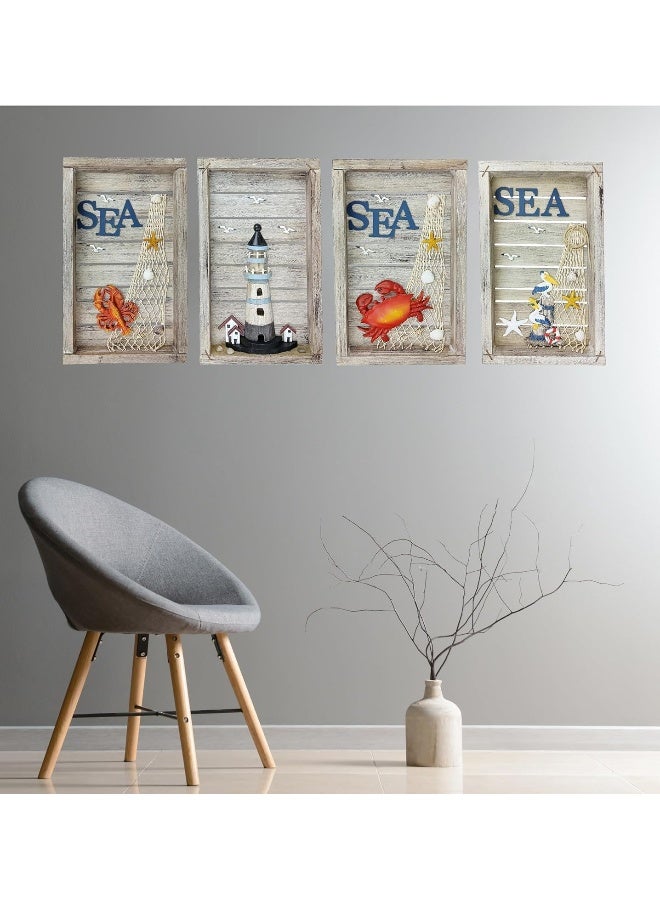 YINZUO YINZUO Wooden Wall Art Frames Nautical SEA Theme Coastal Decor with Crab, Lobster, Lighthouse, and Pelican Designs Vintage Beach Style Hanging Decorations - Image 4