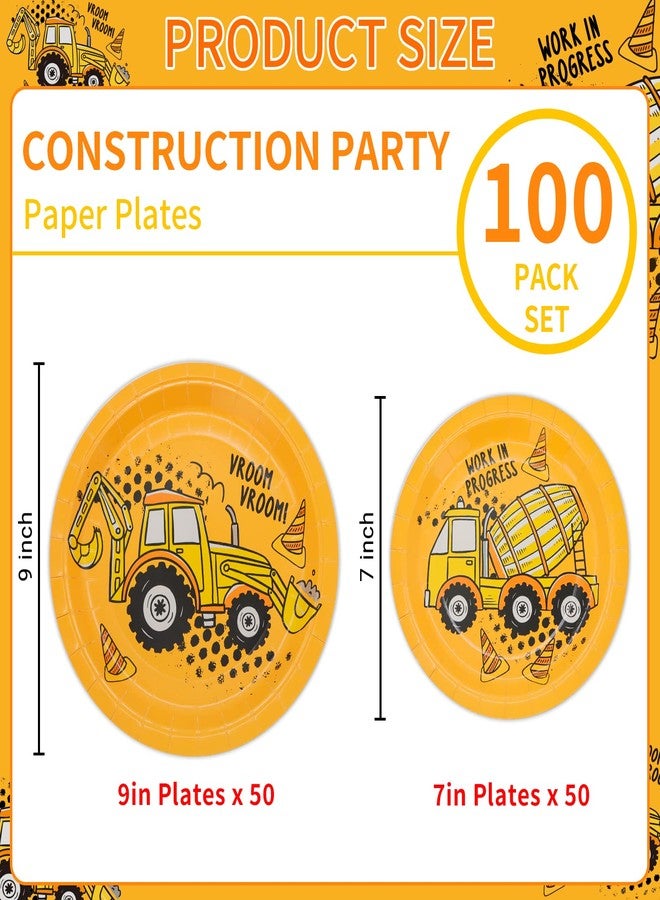 DYLIVeS 100 Pack Construction Birthday Party Plates, Construction Theme Tableware Dump Truck Party Supplies for Appetizer, Dinner for Boys, Disposable Excavator 9'' & 7'' Paper Plates, Serves 50 - Image 2