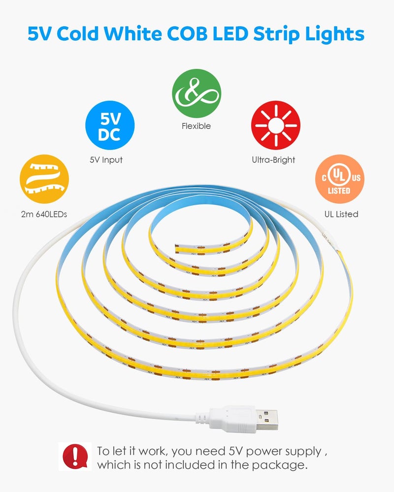 Aclorol USB COB LED Strip Lights for TV 5V USB Powered LED Tape Lights Daylight White 6.56FT 320Leds/M 6000K COB Flexible Light Strip TV Led Backlight for Bedroom Under Cabinet Kitchen DIY 400LM/m - Image 3