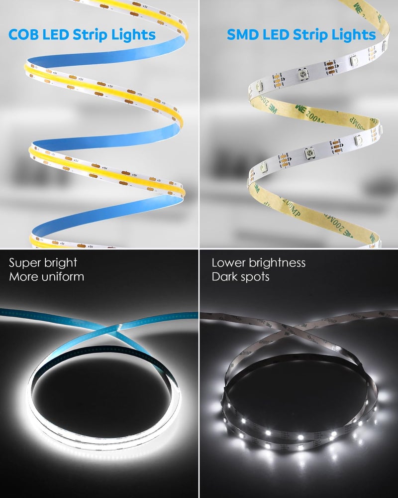 Aclorol USB COB LED Strip Lights for TV 5V USB Powered LED Tape Lights Daylight White 6.56FT 320Leds/M 6000K COB Flexible Light Strip TV Led Backlight for Bedroom Under Cabinet Kitchen DIY 400LM/m - Image 5
