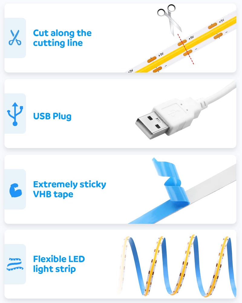 Aclorol USB COB LED Strip Lights for TV 5V USB Powered LED Tape Lights Daylight White 6.56FT 320Leds/M 6000K COB Flexible Light Strip TV Led Backlight for Bedroom Under Cabinet Kitchen DIY 400LM/m - Image 4