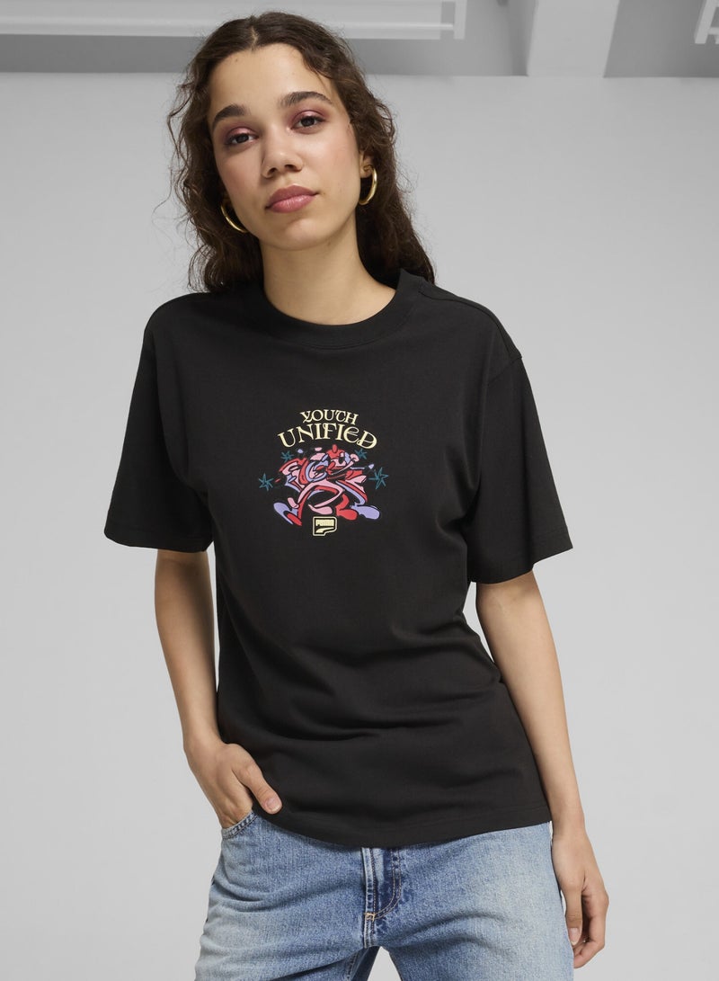PUMA DOWNTOWN Womens Black Relaxed Graphic T-shirt - Image 1