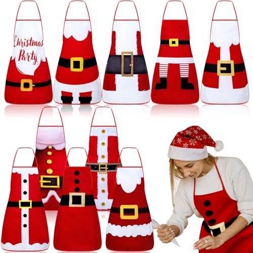 Toulite 10 Pcs Santa Claus Christmas Apron Adjustable Kitchen Cooking Aprons BBQ Bib Funny Chef Apron for Women men XmasRed and White - Image 1