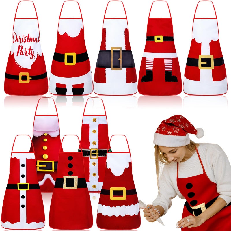 Toulite 10 Pcs Santa Claus Christmas Apron Adjustable Kitchen Cooking Aprons BBQ Bib Funny Chef Apron for Women men XmasRed and White - Image 2