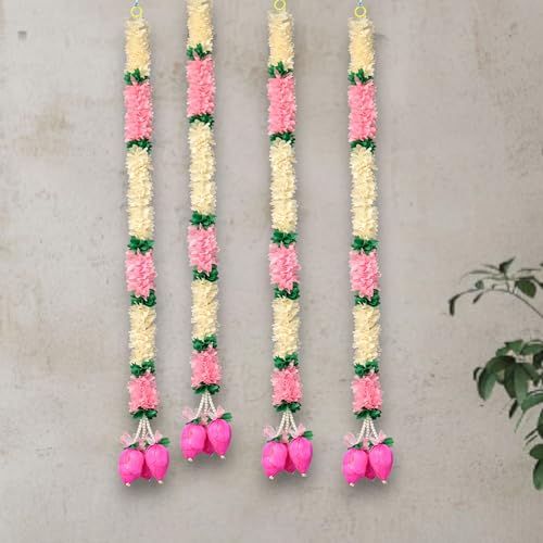 JOYNAGAR Artificial Lotus Toran Garland 3 ft, Set of 4 – Washable Fabric Flowers with Double Lotus Latkan for Diwali, Pooja Mandir, Wedding & Backdrop Decoration - Image 1