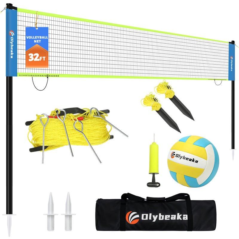 Olybeaka Portable Outdoor Volleyball Net Set for Backyard Beach with Adjustable Poles, Soft PU Volleyball & Pump, Carry Bag and Durable Anti-Sagging Net (Blue and Green, 32ft) - Image 1