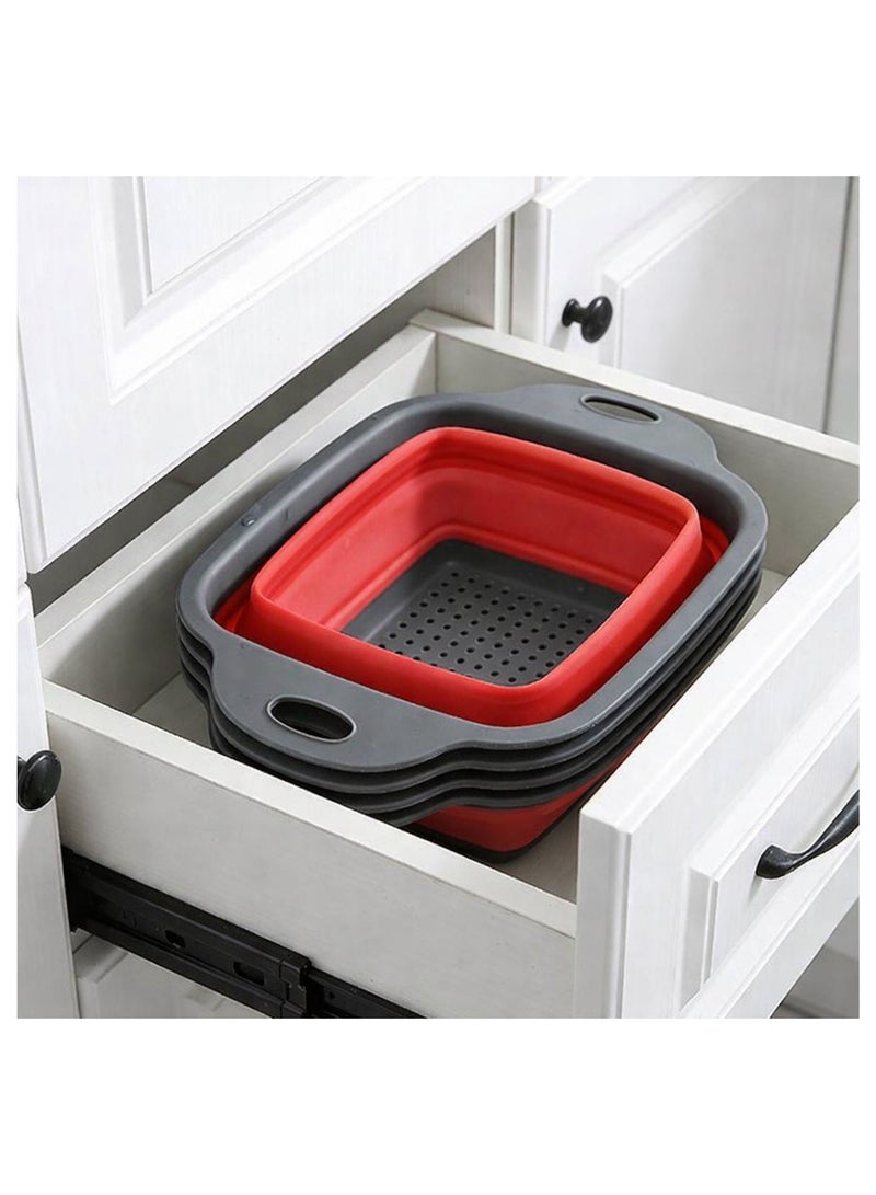 Durable 2 pcs Rectangle silicone strainers with collapsible design for easy storage. Perfect kitchen solution for draining pasta, rinsing fruits, and cleaning vegetables efficiently. (Red) - Image 3