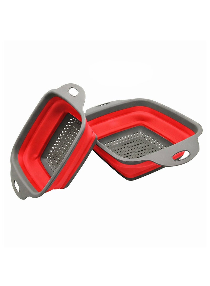 Durable 2 pcs Rectangle silicone strainers with collapsible design for easy storage. Perfect kitchen solution for draining pasta, rinsing fruits, and cleaning vegetables efficiently. (Red) - Image 4