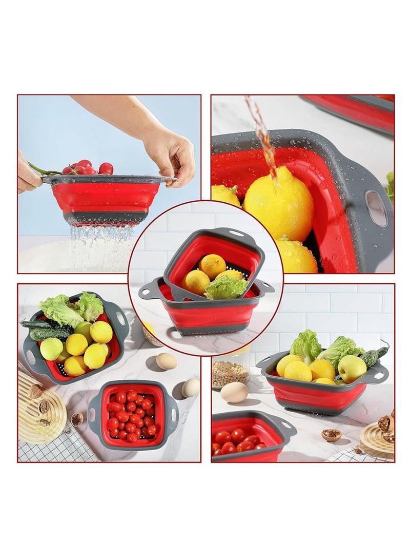 Durable 2 pcs Rectangle silicone strainers with collapsible design for easy storage. Perfect kitchen solution for draining pasta, rinsing fruits, and cleaning vegetables efficiently. (Red) - Image 1