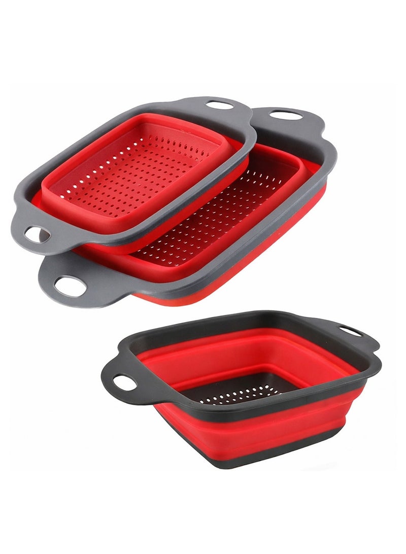 Durable 2 pcs Rectangle silicone strainers with collapsible design for easy storage. Perfect kitchen solution for draining pasta, rinsing fruits, and cleaning vegetables efficiently. (Red) - Image 5