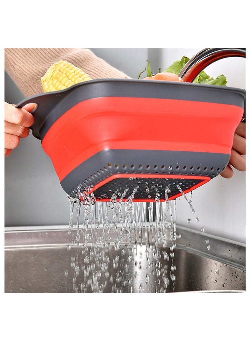 Durable 2 pcs Rectangle silicone strainers with collapsible design for easy storage. Perfect kitchen solution for draining pasta, rinsing fruits, and cleaning vegetables efficiently. (Red) - Image 2