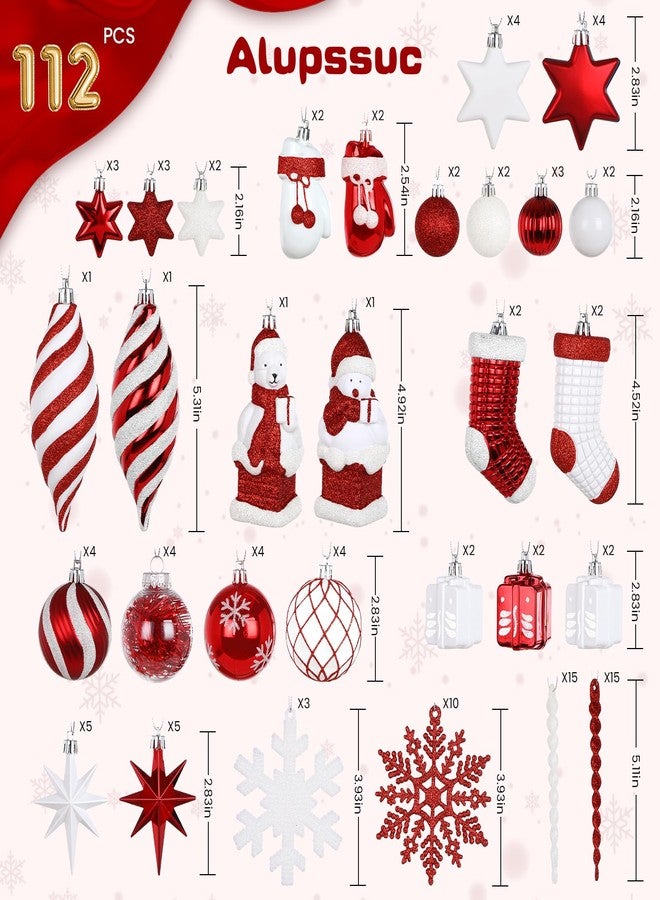Alupssuc 112pcs Christmas Balls Ornaments Set, Shatterproof Plastic Baubles Christmas Penguin, Polar Bear for Xmas Tree Holiday Wedding Party Decorations with Hanging Strings, Red and White - Image 2
