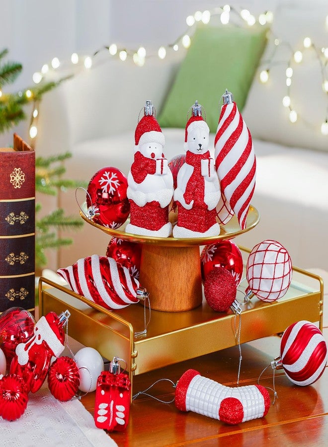 Alupssuc 112pcs Christmas Balls Ornaments Set, Shatterproof Plastic Baubles Christmas Penguin, Polar Bear for Xmas Tree Holiday Wedding Party Decorations with Hanging Strings, Red and White - Image 5