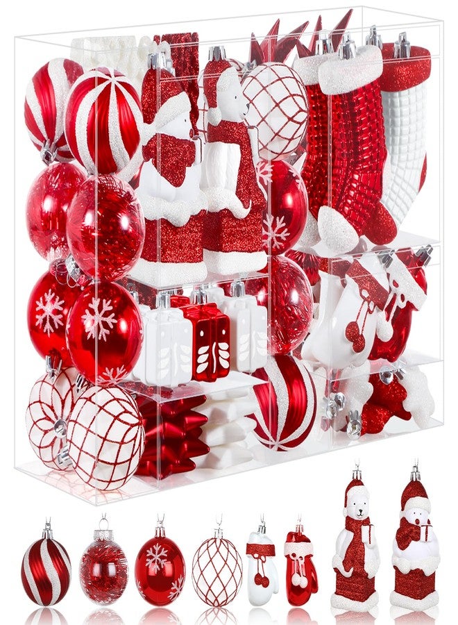 Alupssuc 112pcs Christmas Balls Ornaments Set, Shatterproof Plastic Baubles Christmas Penguin, Polar Bear for Xmas Tree Holiday Wedding Party Decorations with Hanging Strings, Red and White - Image 1