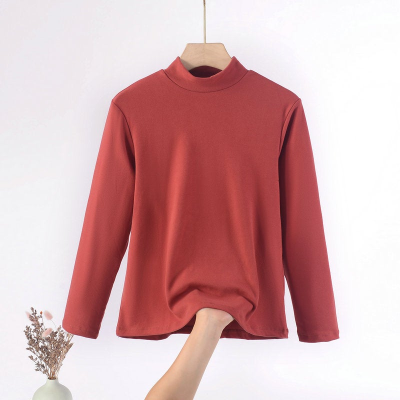 Chubby Girl Plus Size Women'S Half-High Collar Long-Sleeved T-Shirt Women'S Loose Korean Base Shirt Solid Color Top - Image 1