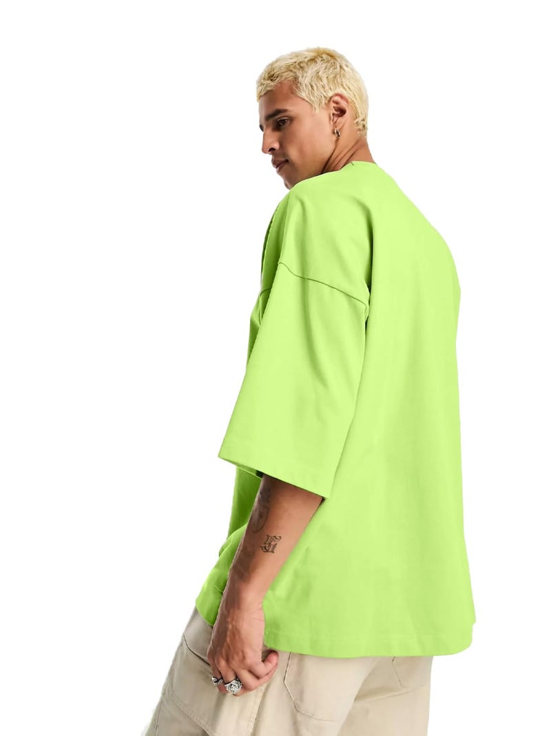 LEOTUDE Men's Oversized Half Sleeve Round Neck T Shirt (FS49_HIGH_NN_P_Neon Green_S) - Image 2